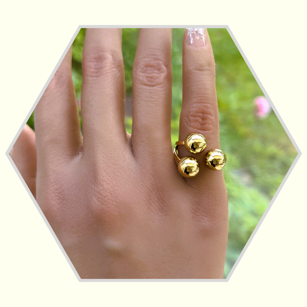 Bague en acier inoxydable triple boules ouverture dessus