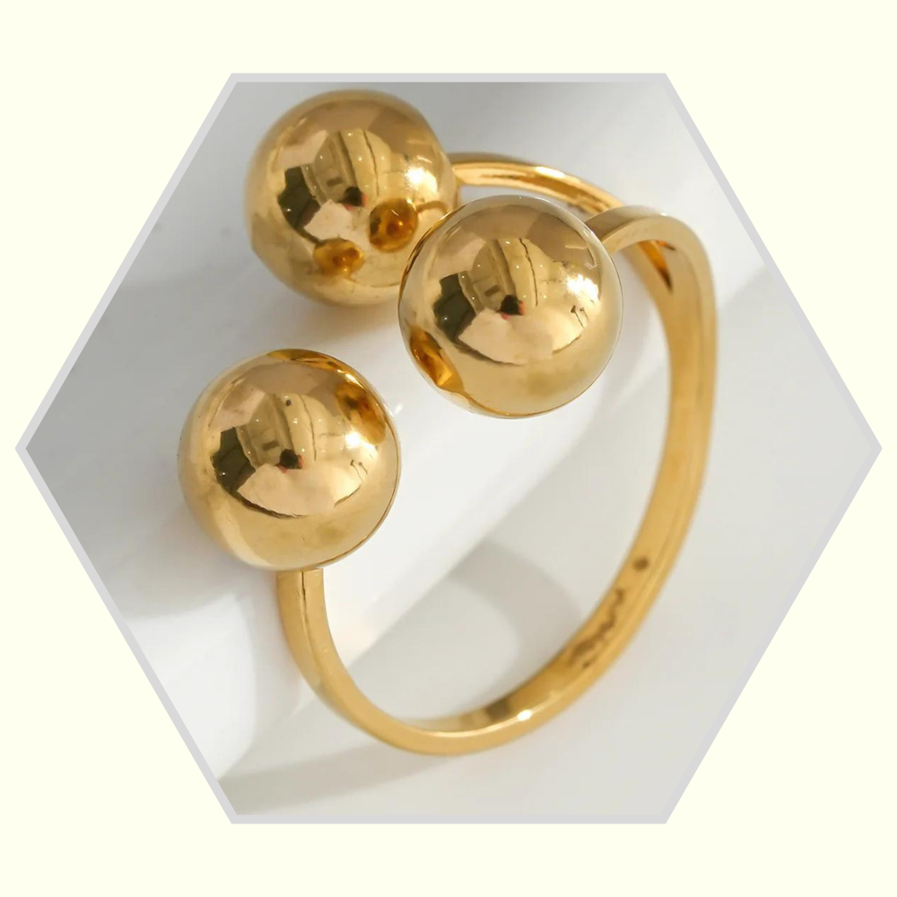 Bague en acier inoxydable triple boules ouverture dessus
