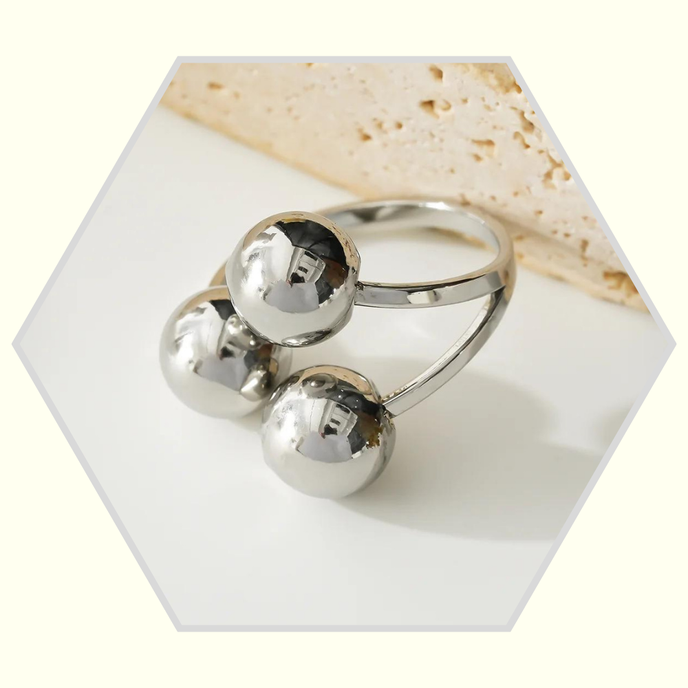 Bague en acier inoxydable triple boules ouverture dessus