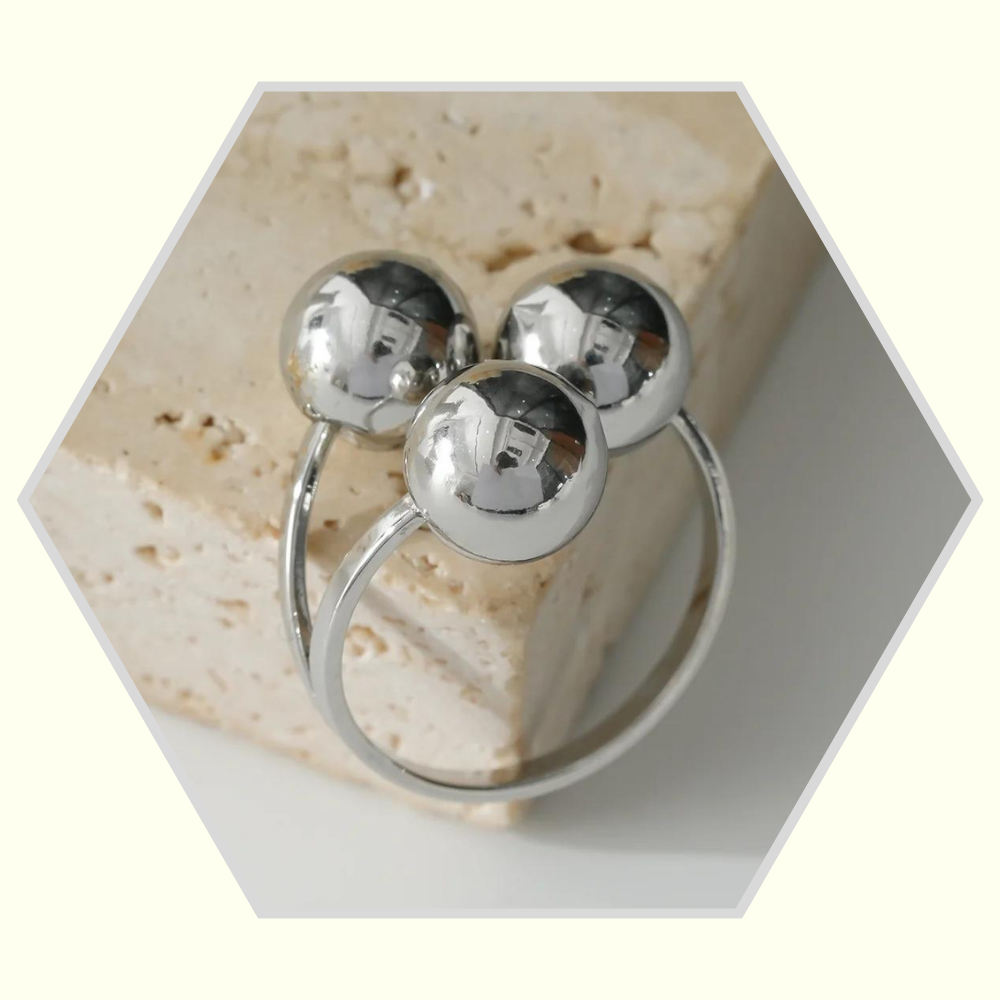 Bague en acier inoxydable triple boules ouverture dessus