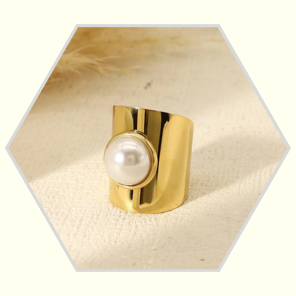 Bague large ajustable en acier inoxydable doré / perle synthétique