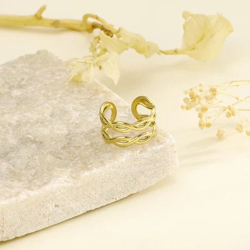 Bague ajustable en acier inoxydable doré double tresse