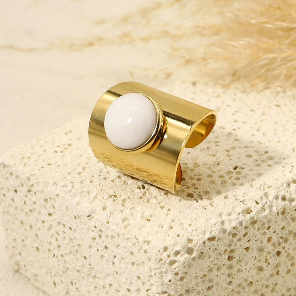 Bague ajustable en acier inoxydable doré avec quartz blanc