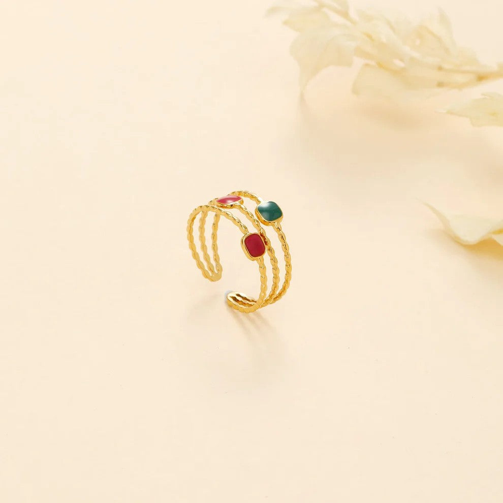 Bague ajustable en acier inoxydable doré résine colorée