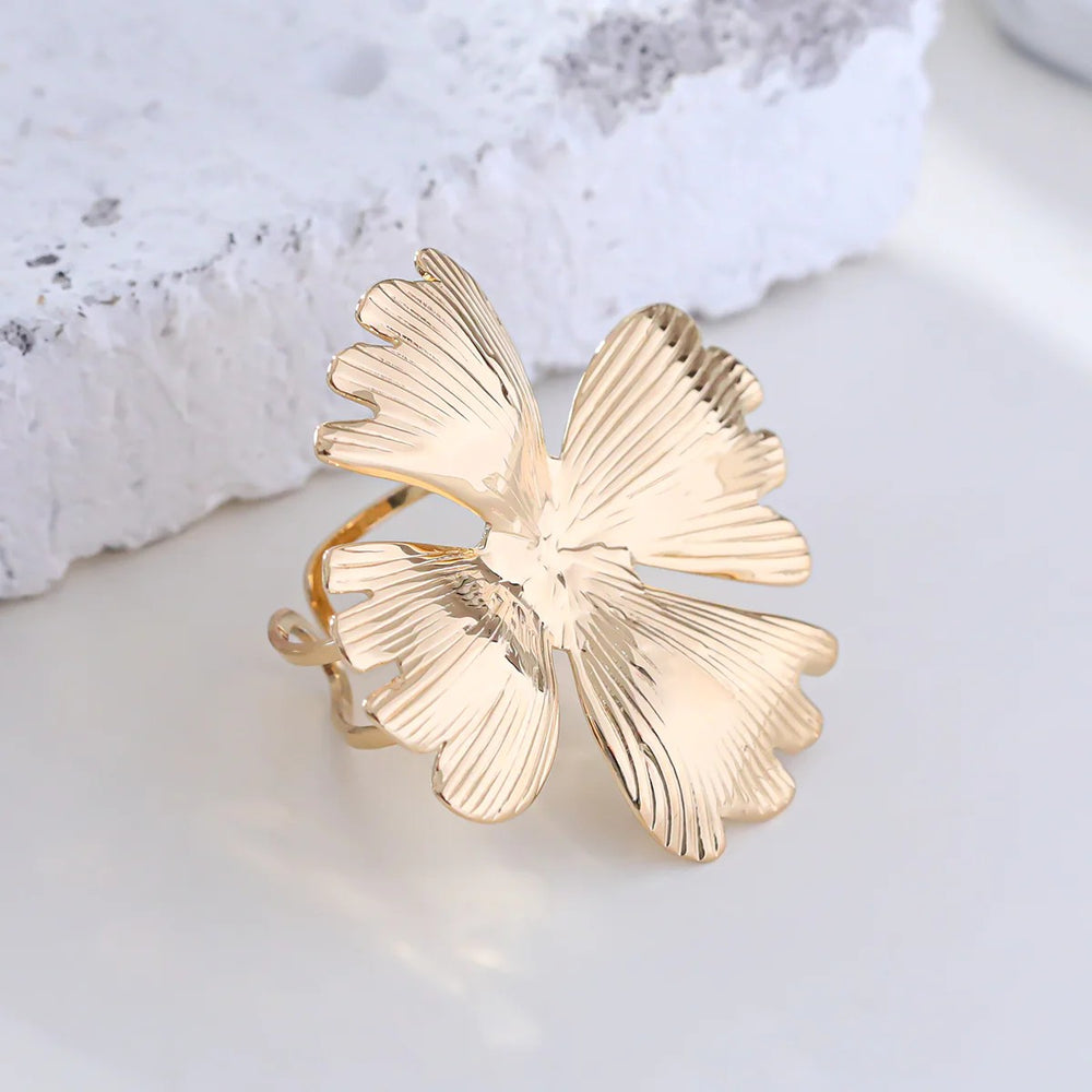 Bague fleur ajustable en acier inoxydable doré