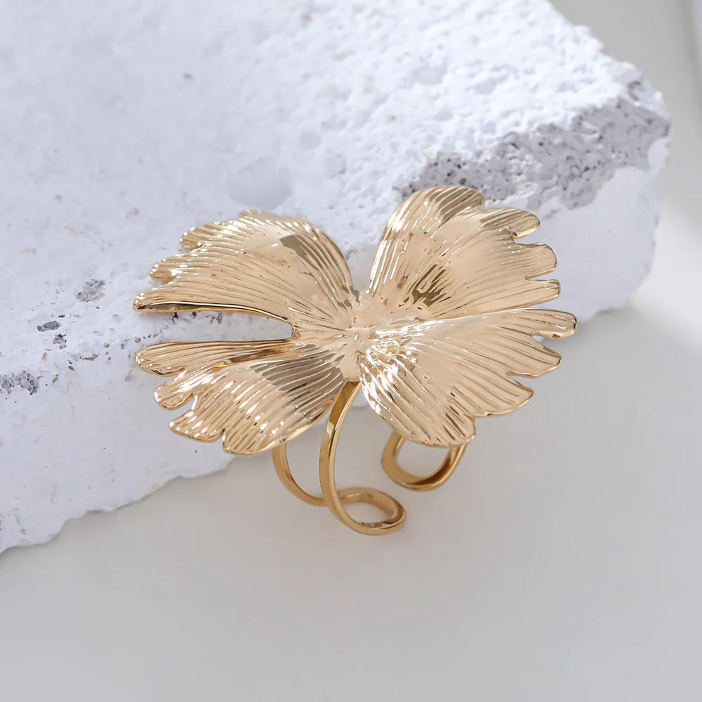 Bague fleur ajustable en acier inoxydable doré