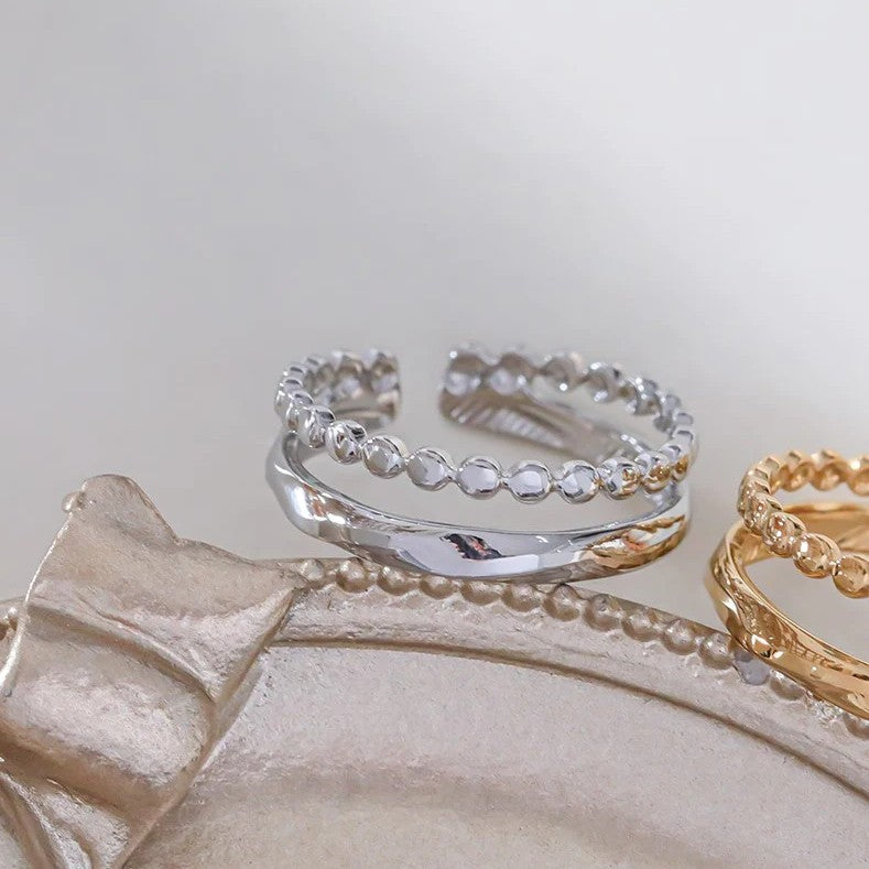 Bague 2 rangs ajustable en acier inoxydable  finition poli & perlé