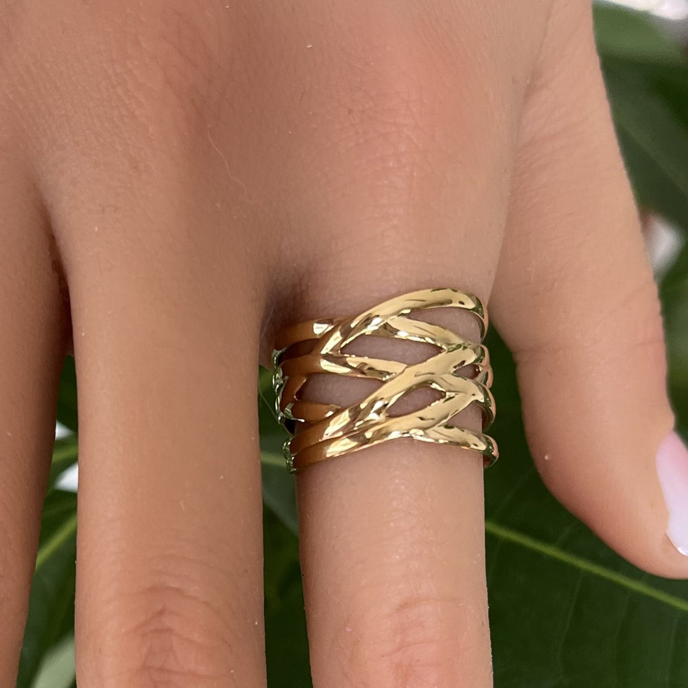 Bague large ajustable entrelacée en acier inoxydable doré