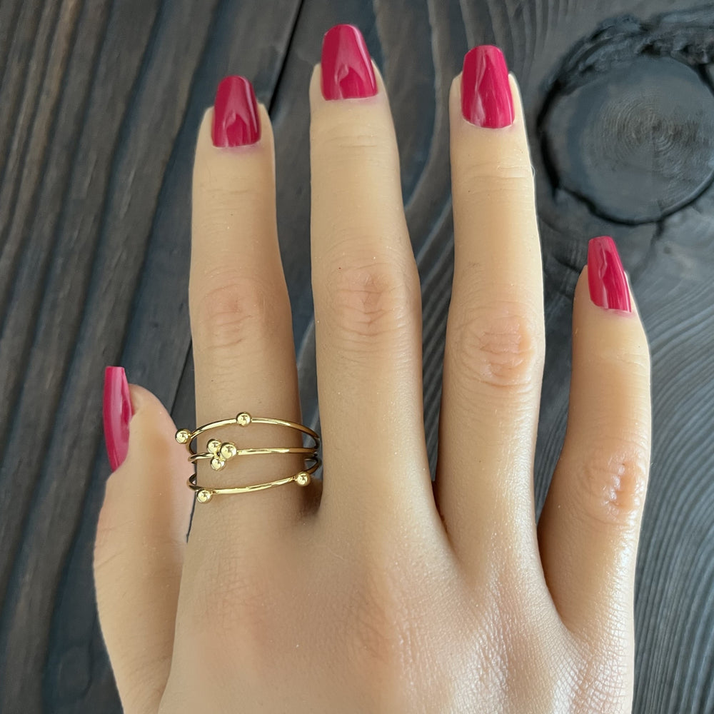 Bague ajustable en acier inoxydable doré - 3 fils avec boules