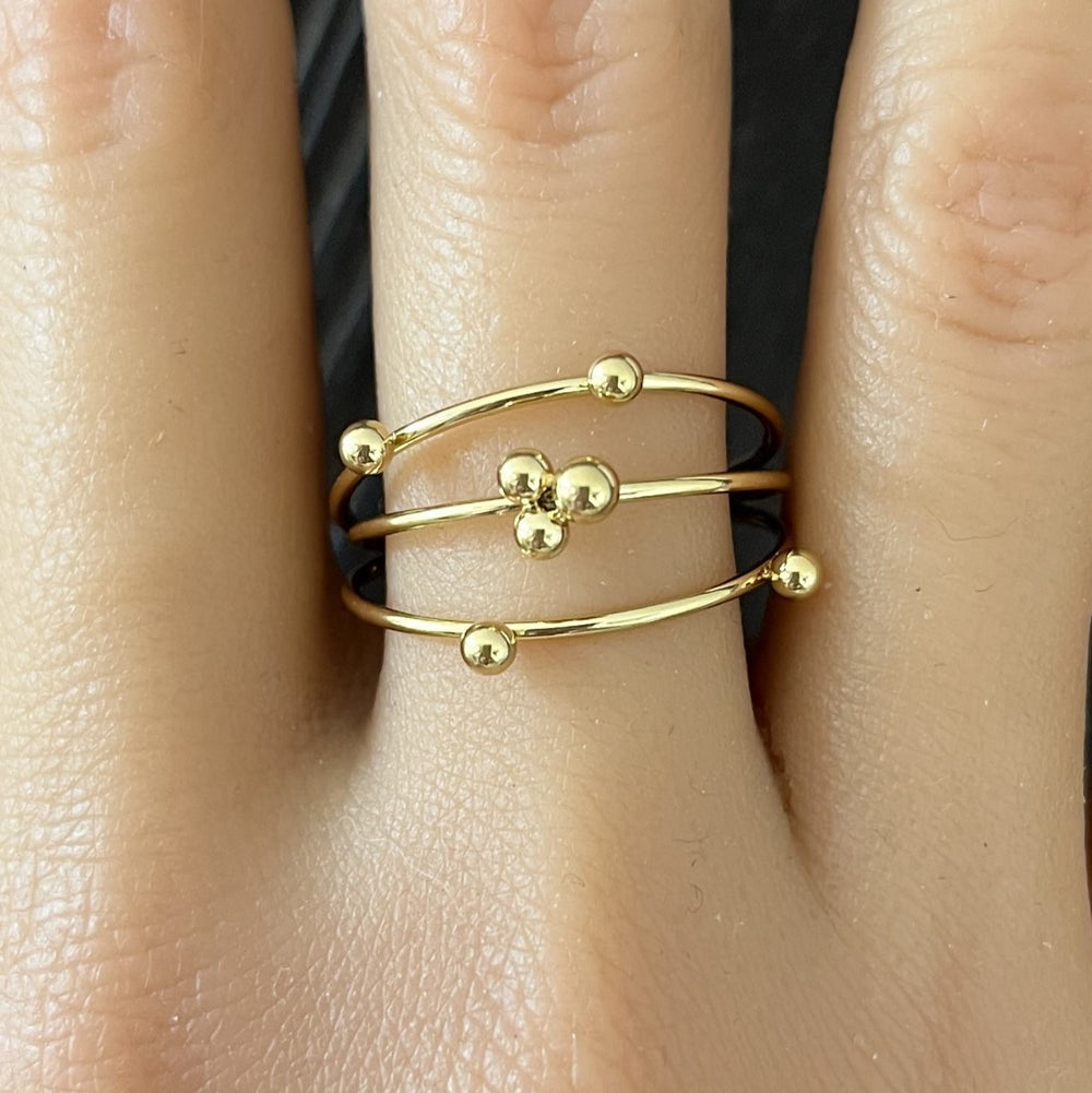 Bague ajustable en acier inoxydable doré - 3 fils avec boules
