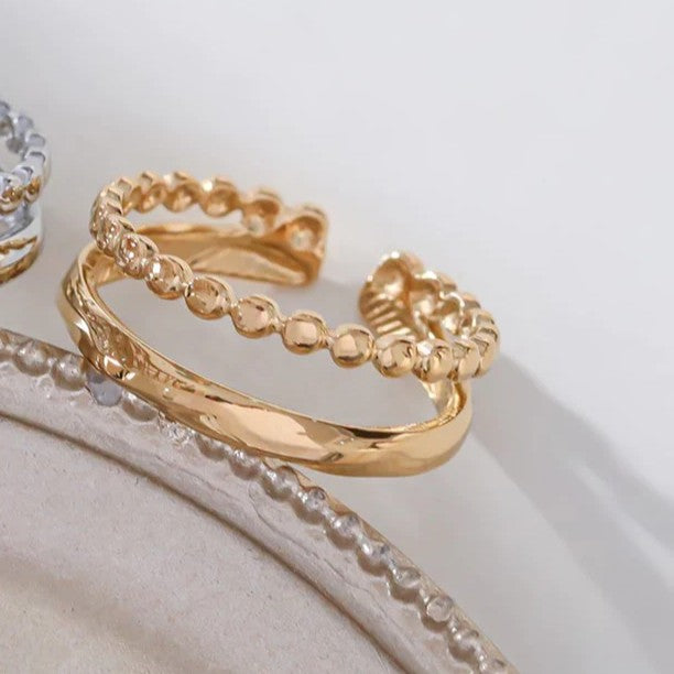 Bague 2 rangs ajustable en acier inoxydable  finition poli & perlé