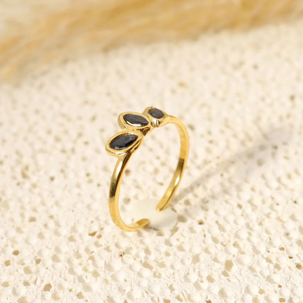 Bague ajustable en acier inoxydable doré avec strass noir