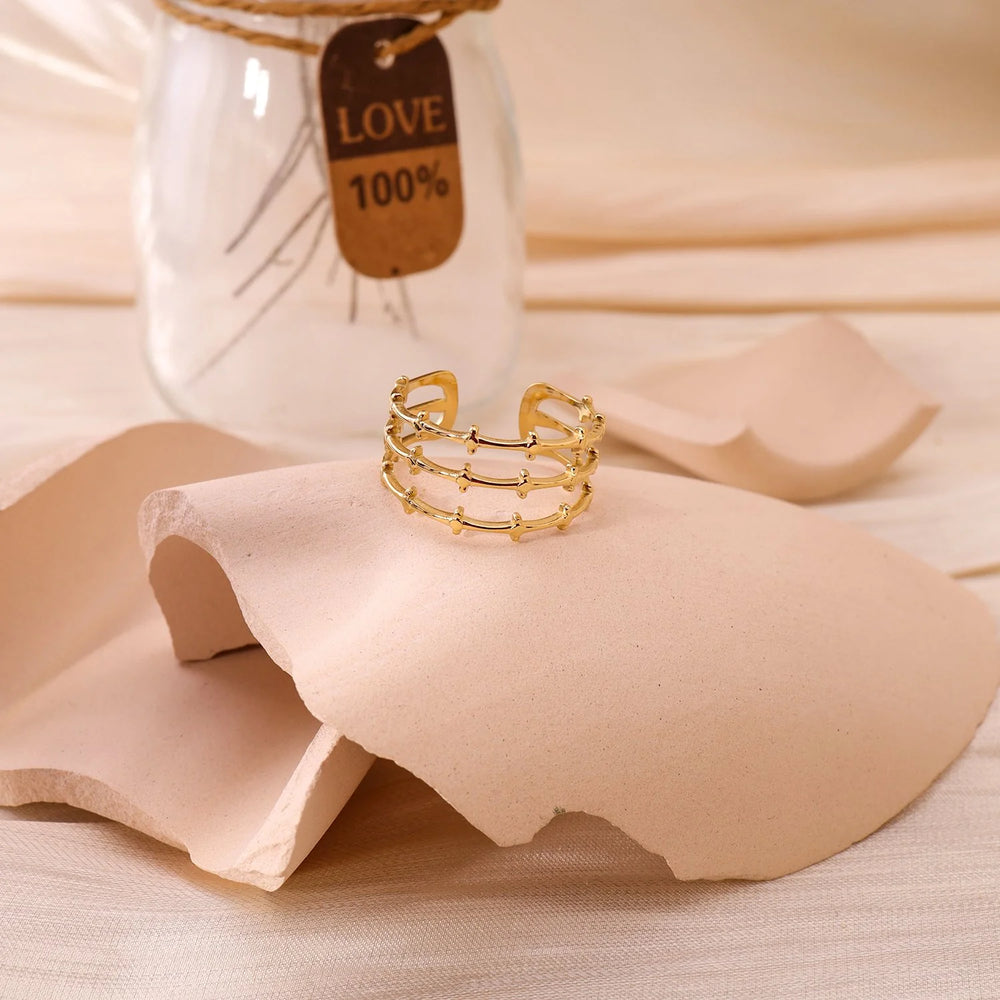 Bague ajustable en acier inoxydable doré 3 rangs décorés