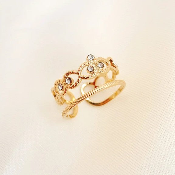 Bague ajustable en acier inoxydable doré avec strass