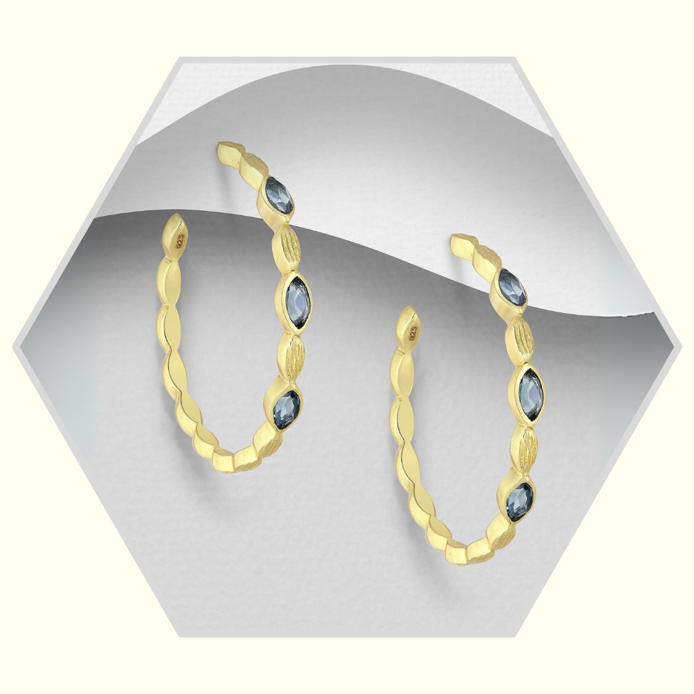 Boucles d'oreilles créoles en argent 925 doré or 18k serties de iolite créées en laboratoire