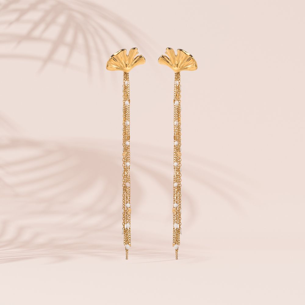 Boucles d'oreilles feuille de ginko acier inoxydable doré résine blanche