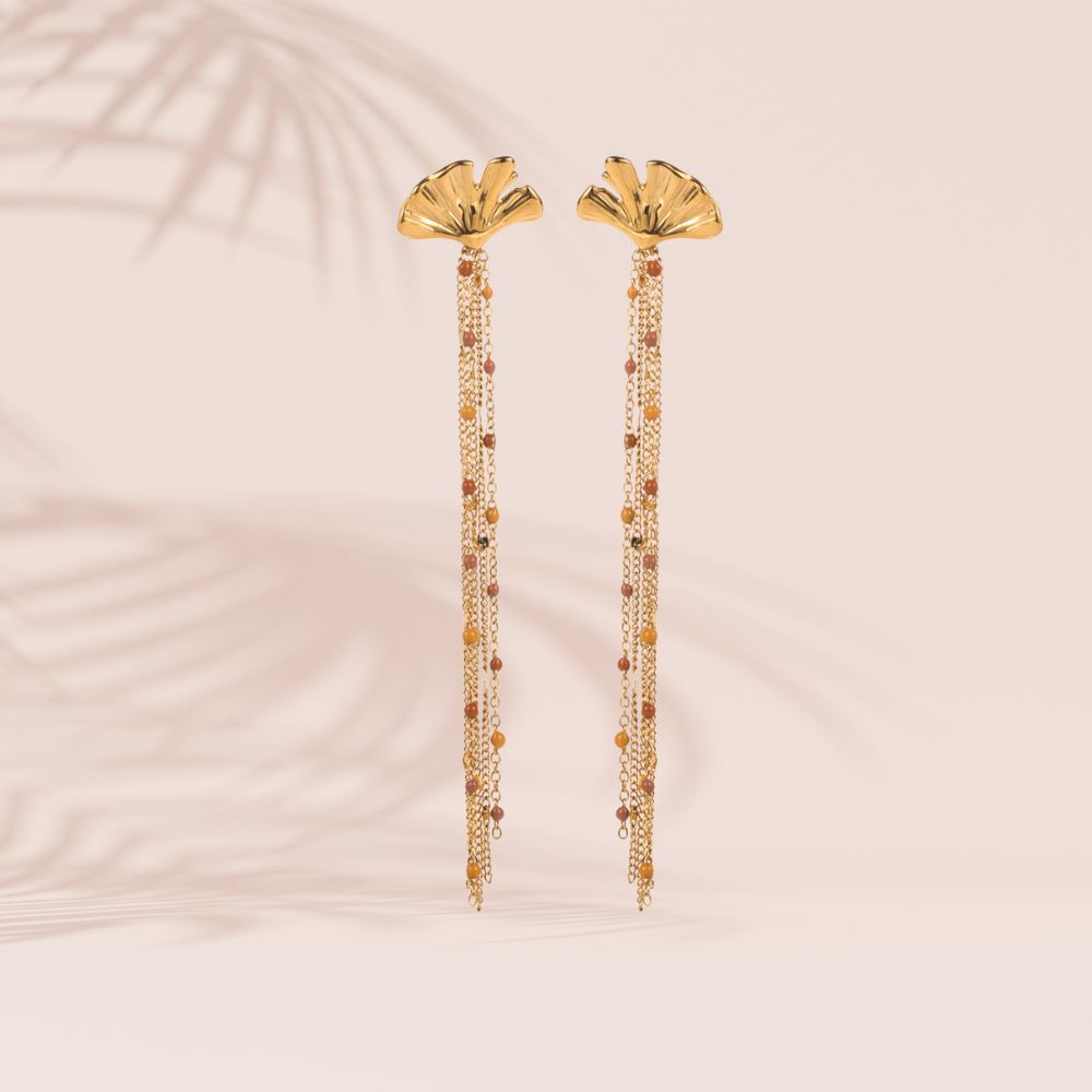 Boucles d'oreilles feuille de ginko acier inoxydable doré résine beige