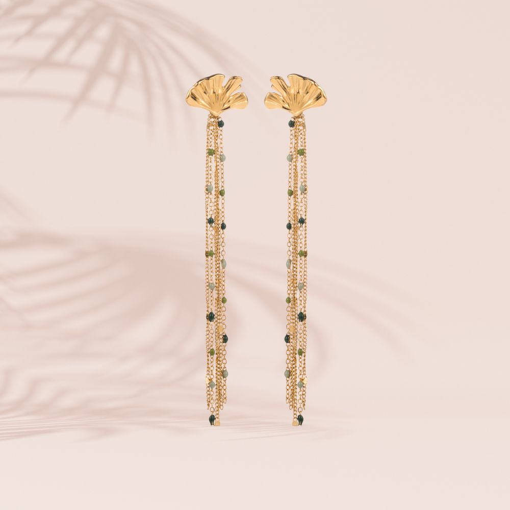 Boucles d'oreilles feuille de ginko acier inoxydable doré résine verte