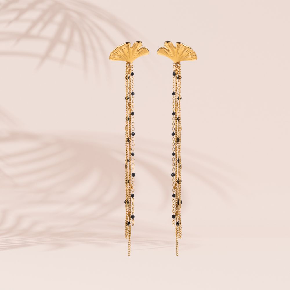 Boucles d'oreilles feuille de ginko acier inoxydable doré résine noire