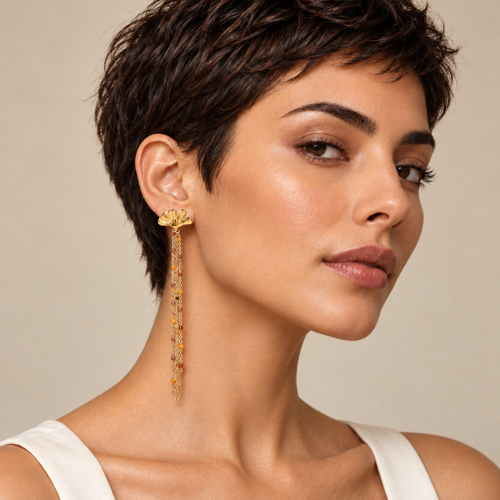 Boucles d'oreilles pendantes feuille de ginko en acier inoxydable doré - résine colorée