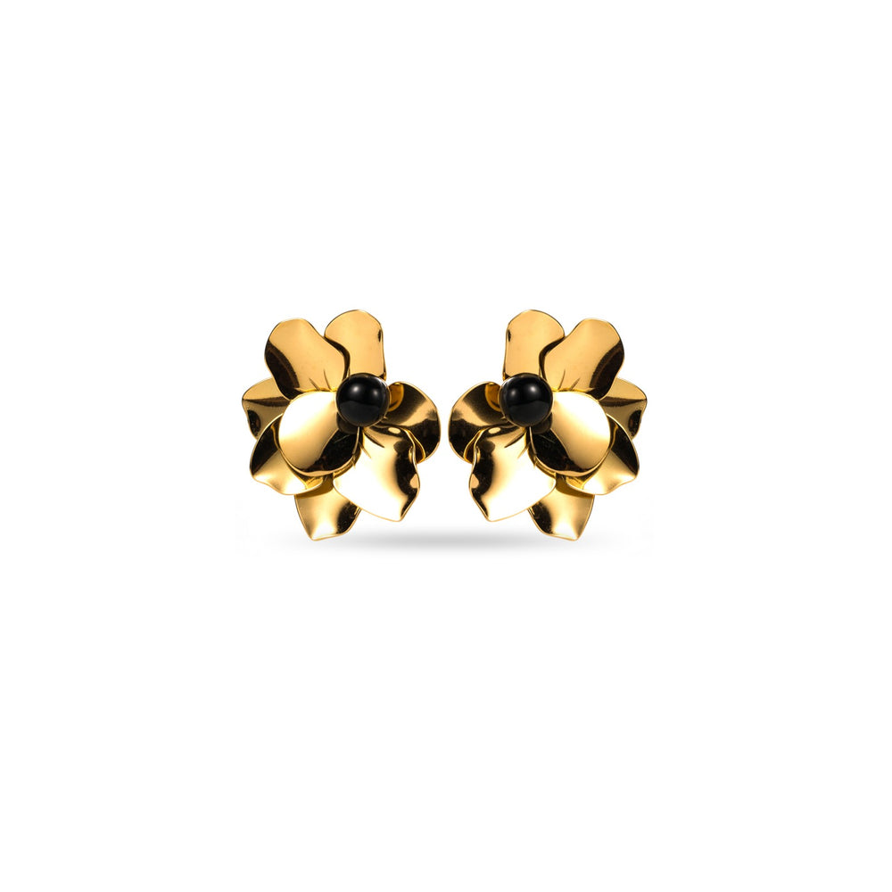Boucles d'oreilles en acier inoxydable doré - forme fleur, effet miroir et perle noire