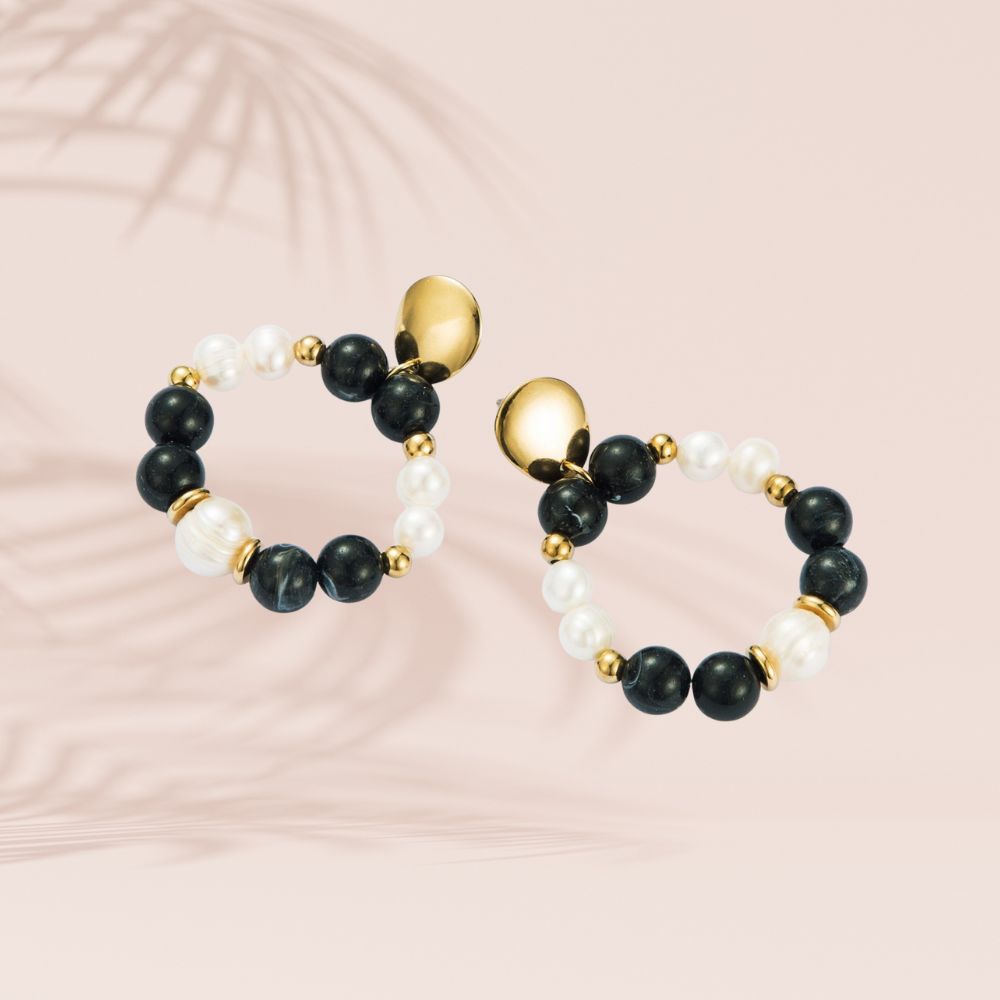 boucles d'oreille pendantes acier inoxydable doré perle d'eau douce agate noire
