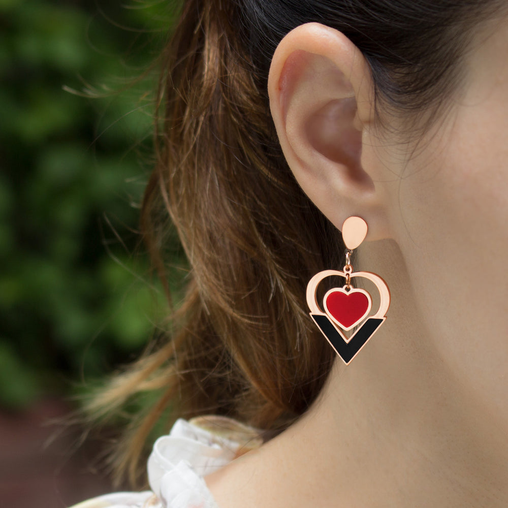 Boucle d'oreille en acier inoxydable 316L revêtement PVD or rose "cœur rouge passion"