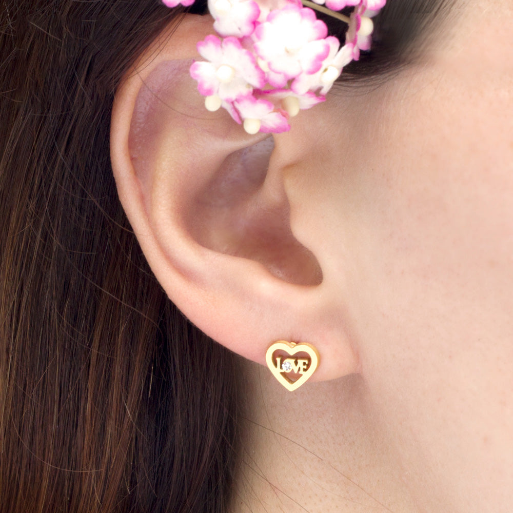 Boucles d'oreilles coeur acier inoxydable chirurgical 316L doré strass