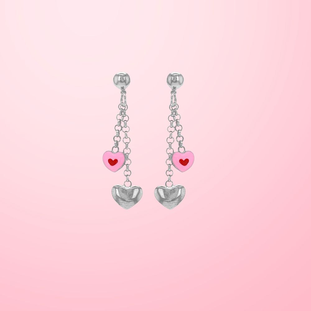 Boucles d'oreilles enfant en argent 925 rhodié avec cœurs émaillés