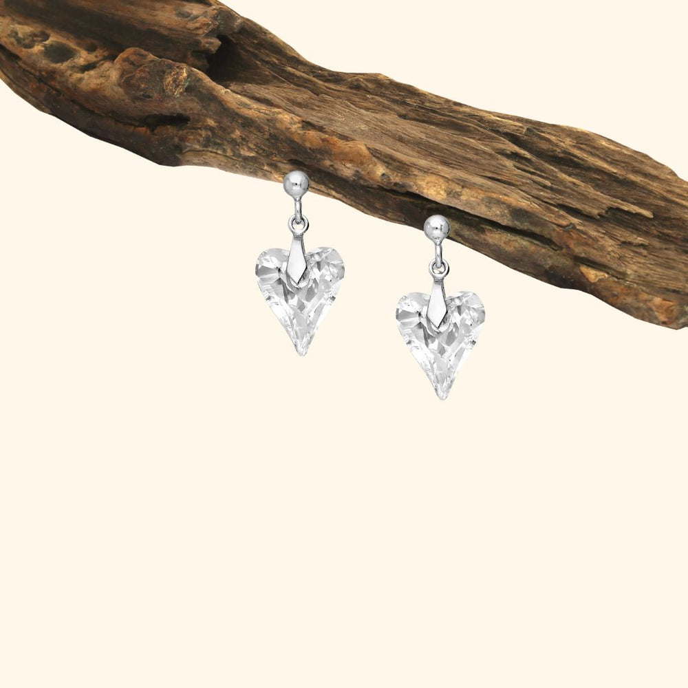 Boucles d’oreilles pendantes en argent 925 rhodié avec cœurs en cristal autrichien facetté