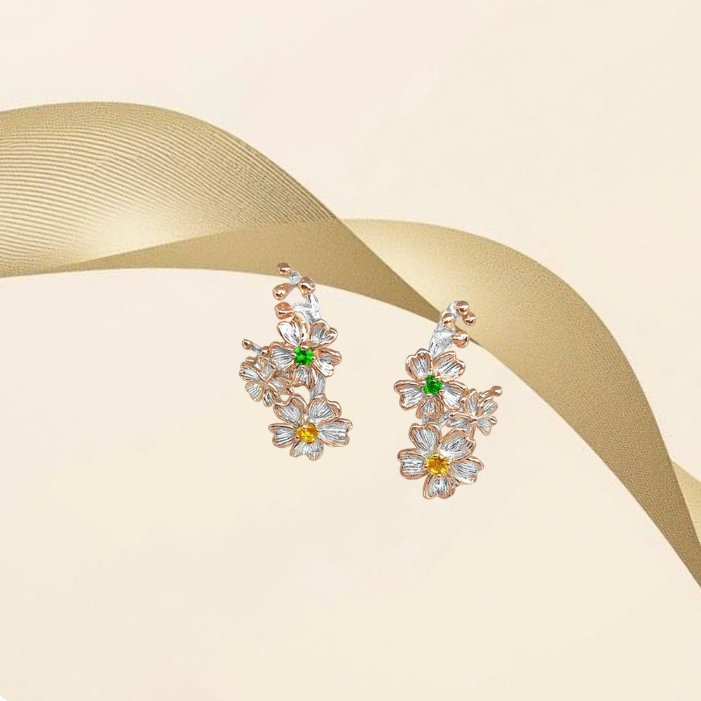 Boucles d'oreilles en argent 925 rhodié  plaqué or rose serties de Saphir orange - diopside chromé