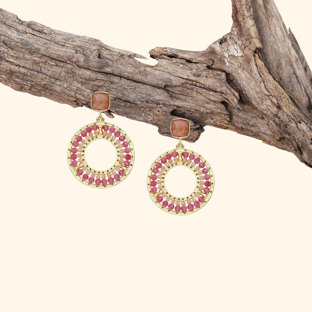 boucles d'oreilles argent 925 doré pierres naturelles tourmaline rose quartz rose