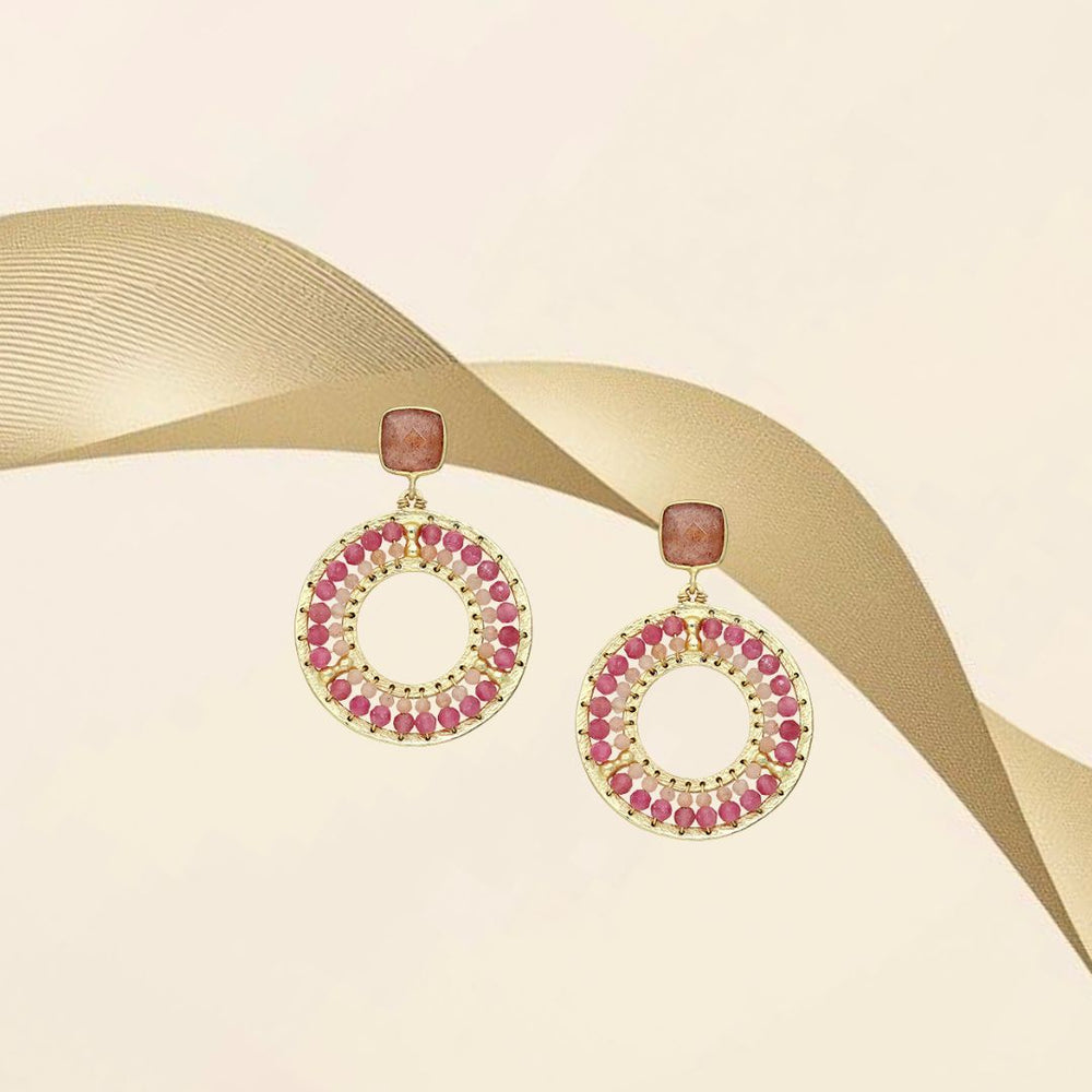 Boucles d'oreilles en argent 925 doré tourmaline rose et quartz rose