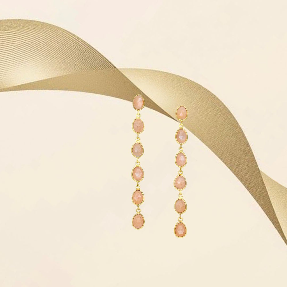 Boucles d’oreilles pendantes en argent 925 doré or 18k, serties de pierres de lune pêche