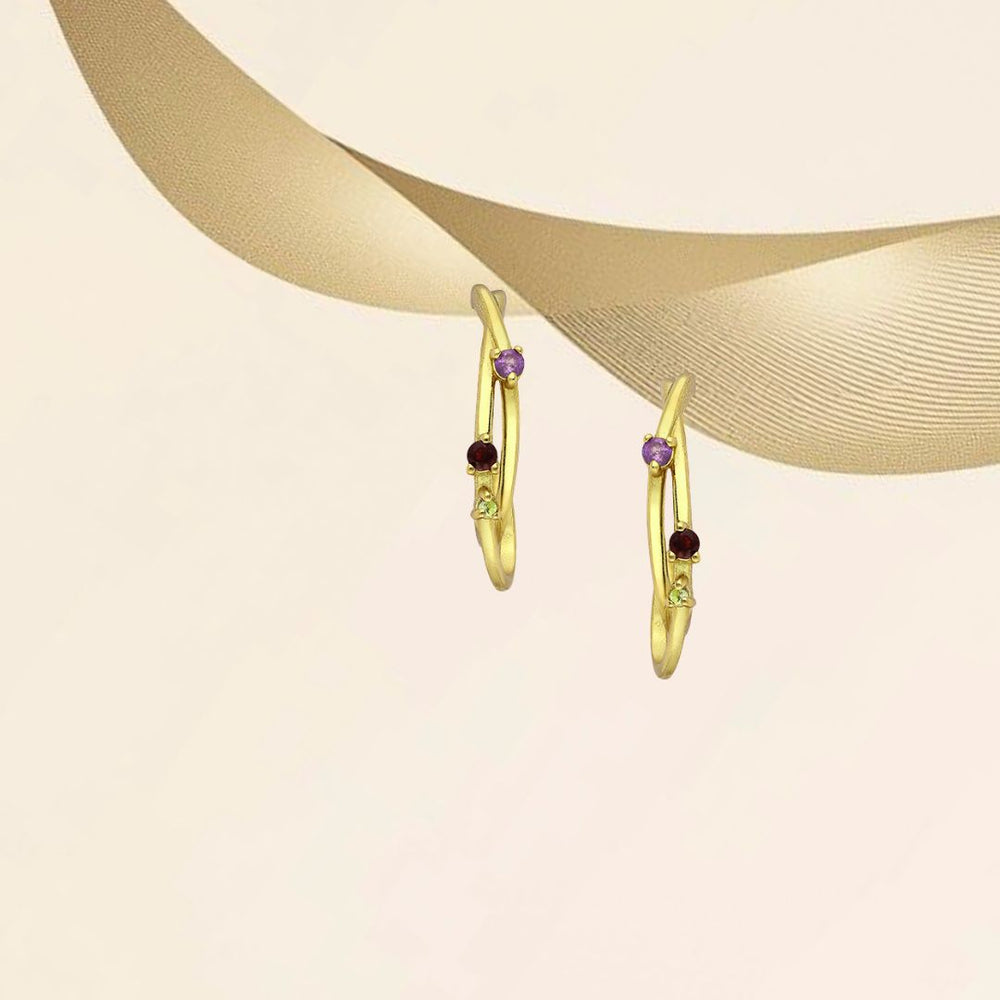 Boucles d’oreilles en argent 925 doré or 18k serties d’améthyste de grenat et de péridot