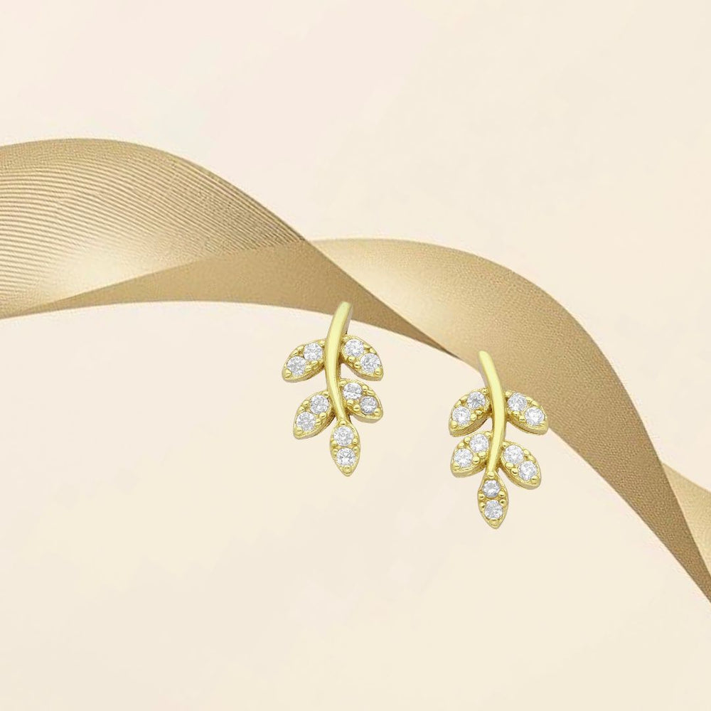 Boucles d'oreilles feuille en argent 925 doré or 18k serties de zirconia