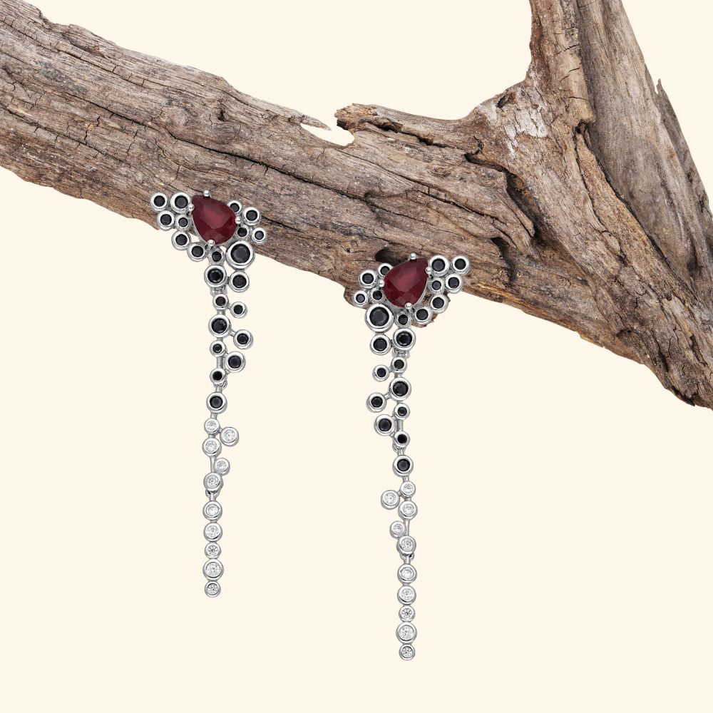boucles d'oreilles pendantes argent 925 rhodié pierres précieuses rubis spinelle noir cubic zirconia