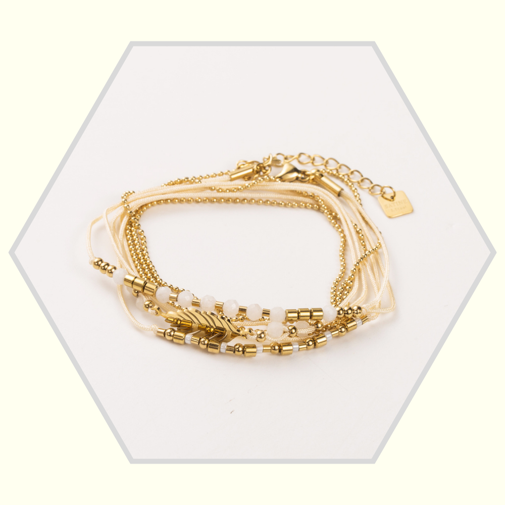 Bracelet   en acier inoxydable doré 3 tours avec pendentif feuille et pierres semi-précieuses
