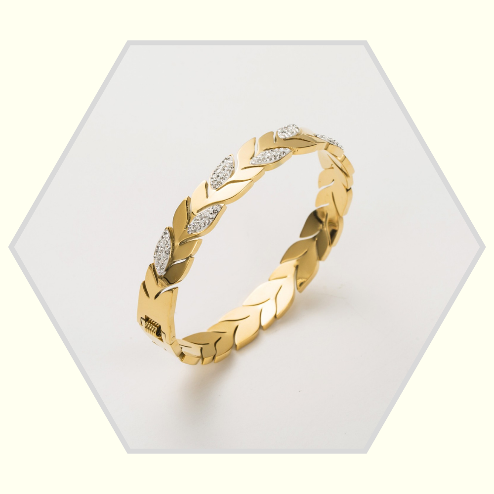 Bracelet en acier inoxydable  feuille avec strass version doré ou argenté