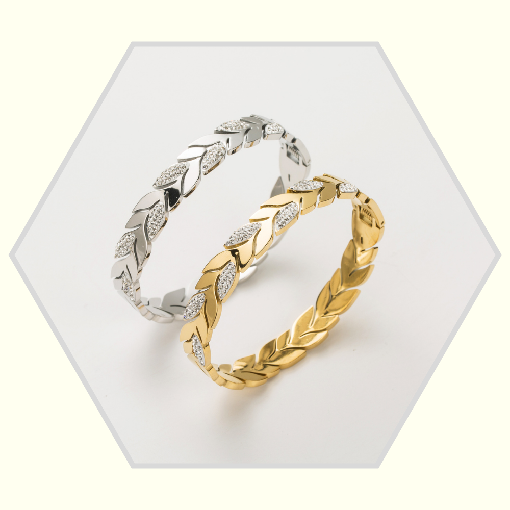 Bracelet en acier inoxydable  feuille avec strass version doré ou argenté