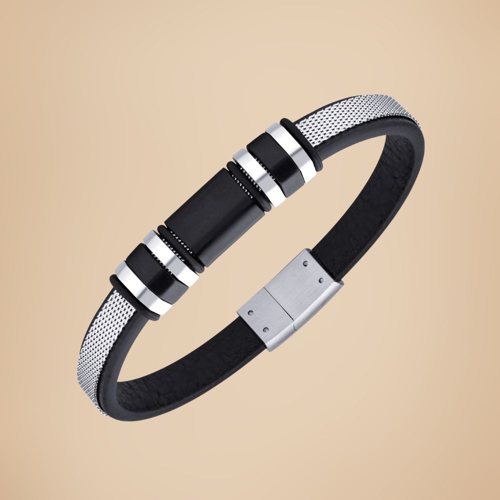 Bracelet en acier inoxydable 316L & cuir - versions argentée, dorée & noire