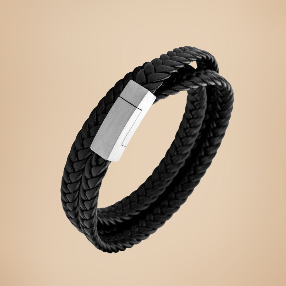 Bracelet multi-tours en acier inoxydable 316L & cuir tressé noir