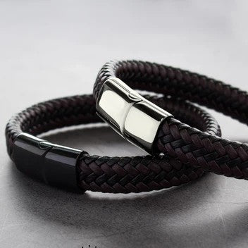 Bracelet Homme Acier 316L et Cuir Tressé Noir et Brun