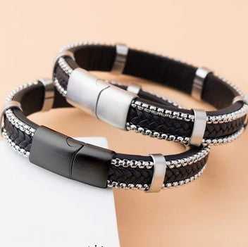 Bracelet Homme en acier inoxydable 316L avec chaîne & cuir tressé