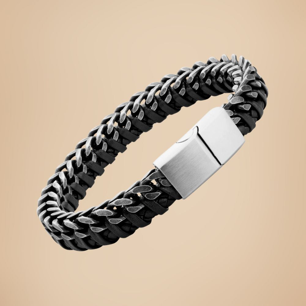 Bracelet Homme en acier inoxydable 316L à maillons Cubain noirci & cuir tressé noir