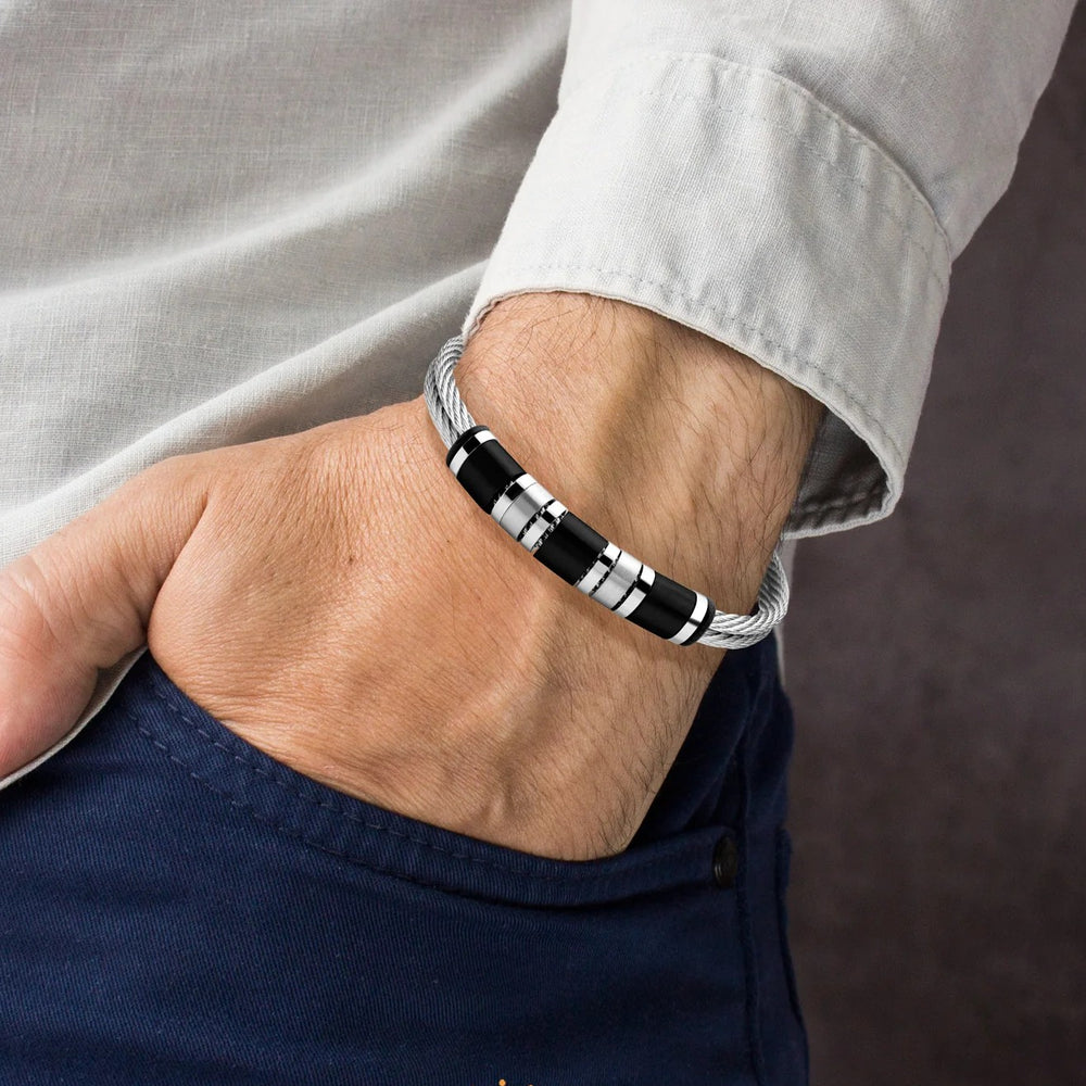 Bracelet en acier inoxydable 316L argenté & noir - câble torsadé