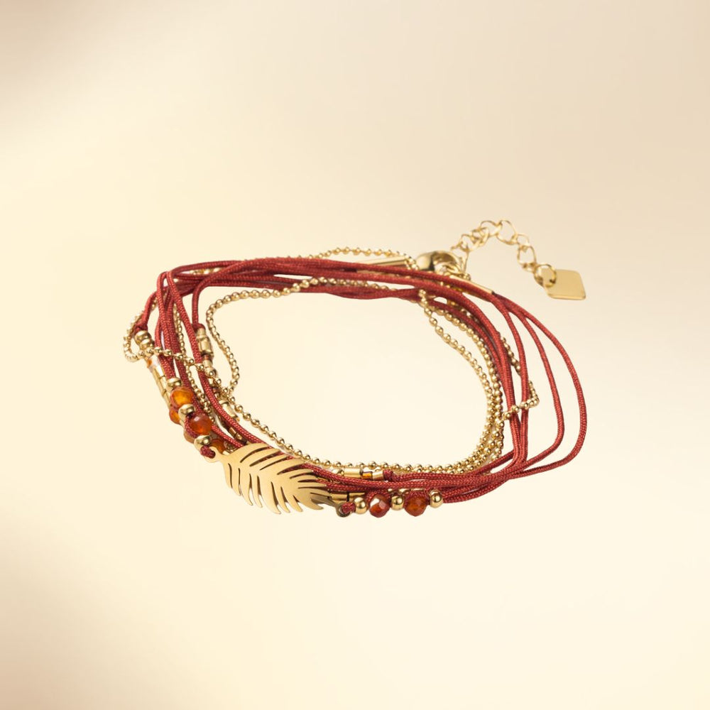 Bracelet 3 tours – acier inoxydable doré, plume, pierres naturelles & cordon satiné