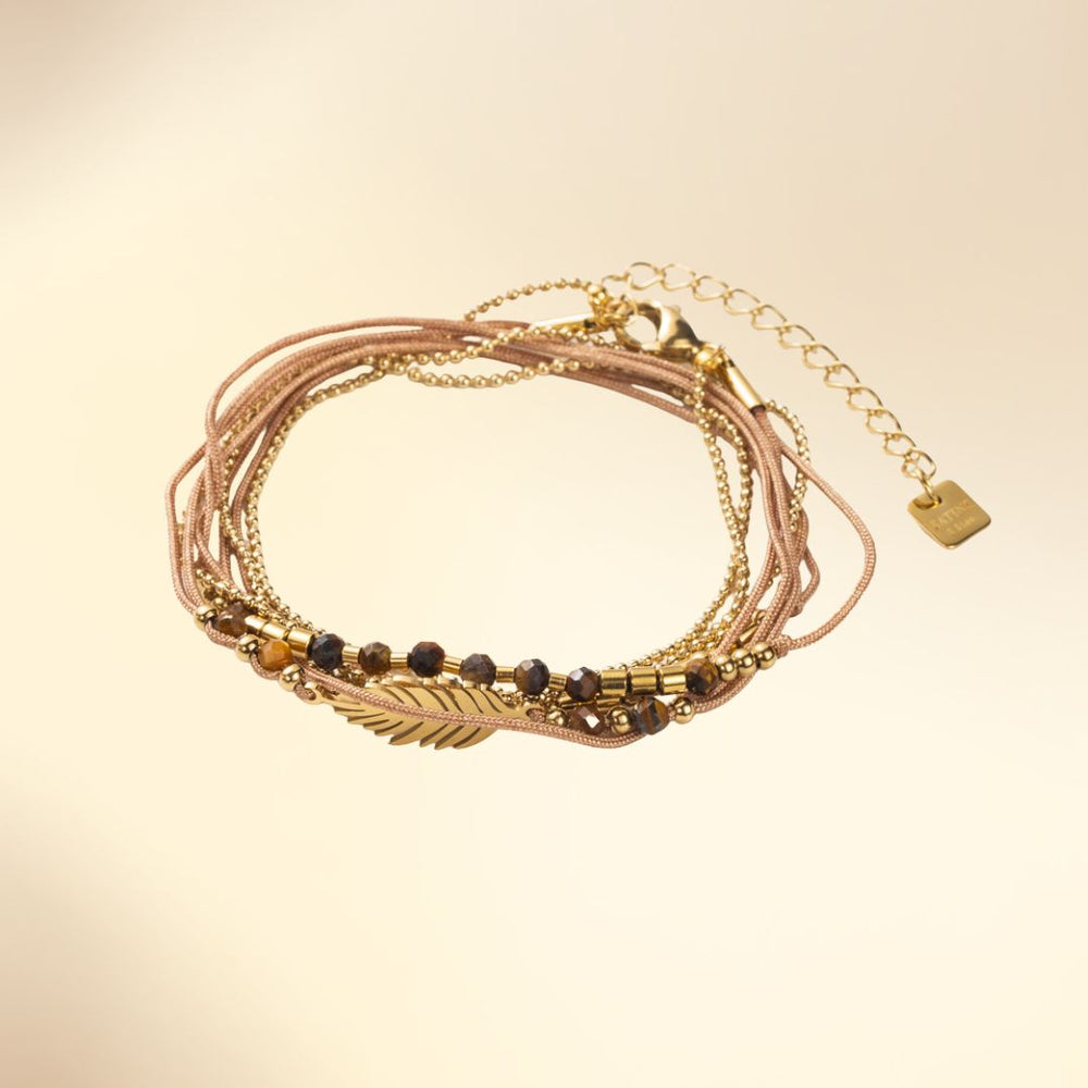 Bracelet 3 tours – acier inoxydable doré, plume, pierres naturelles & cordon satiné