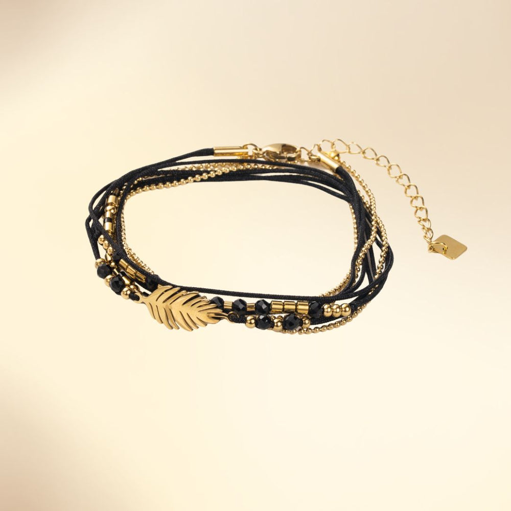 Bracelet 3 tours – acier inoxydable doré, plume, pierres naturelles & cordon satiné
