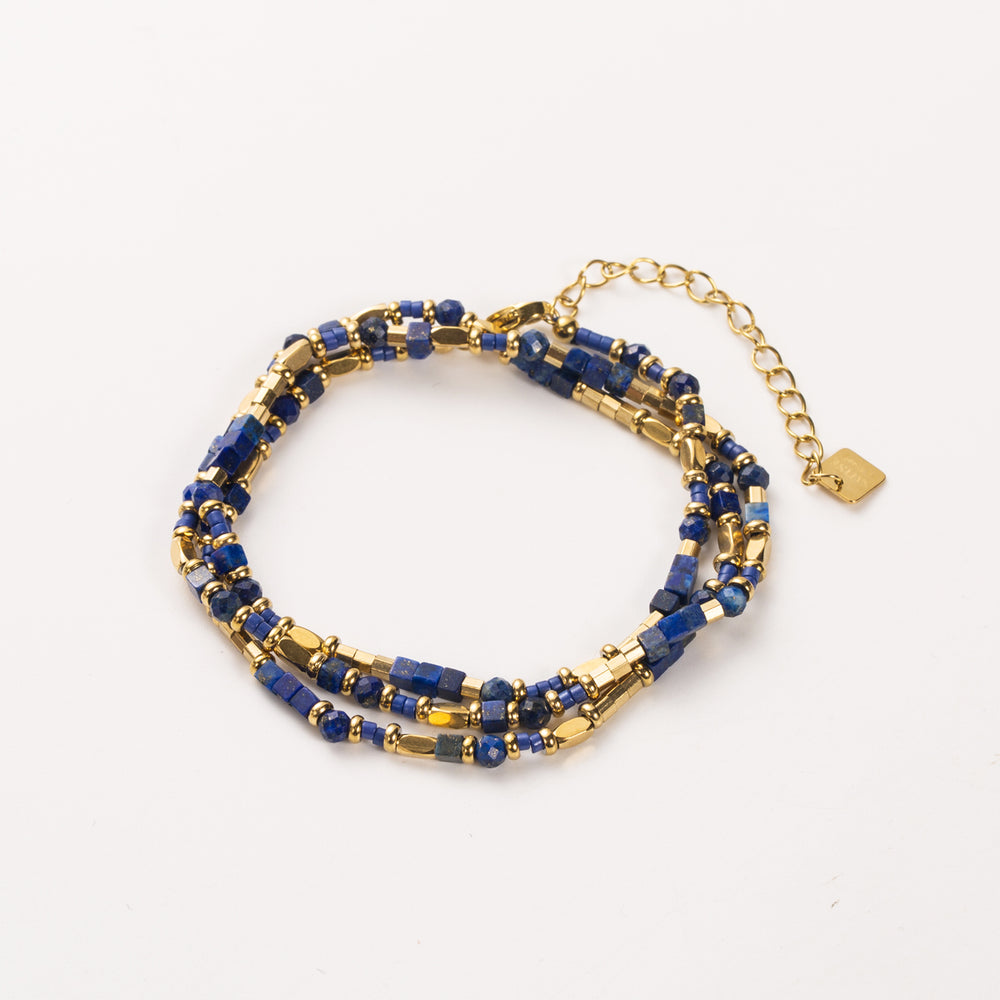 Bracelet en acier inoxydable doré 3 tours  pierres naturelles lapis lazuli